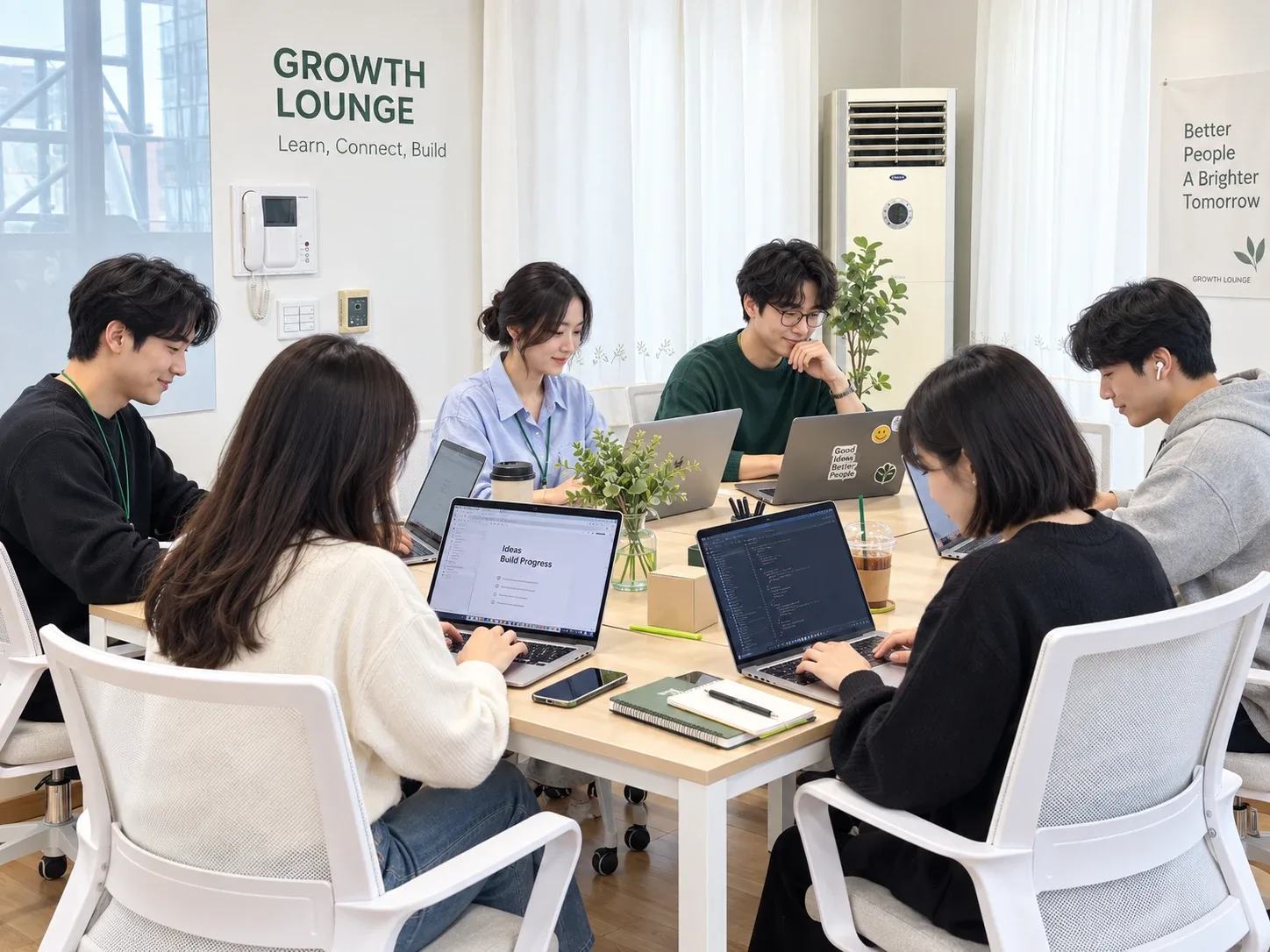 테이블에 둘러앉아 노트북으로 작업하는 커뮤니티 멤버들